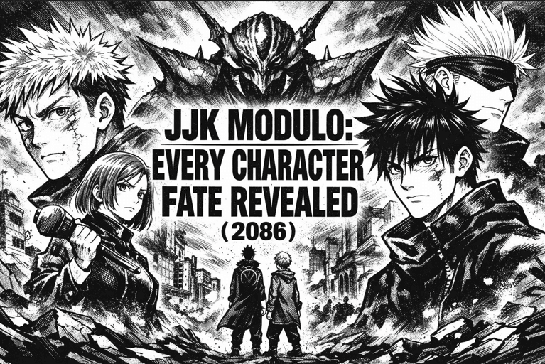 Monochrome manga-style banner showing three battle-worn sorcerers and a looming alien threat over a ruined city, representing a dark future timeline in JJK Modulo (2086).