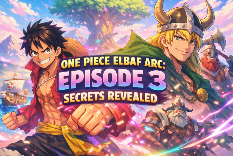 Anime-style illustration of a young pirate hero facing a giant warrior in a colorful Elbaf-inspired fantasy landscape with glowing neon effects and bold “Episode 3 Secrets Revealed” text.