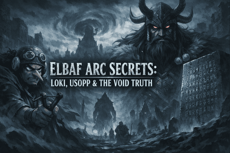 Dark fantasy scene of a brave sniper facing a giant warrior in a stormy ancient land with mysterious stone inscriptions