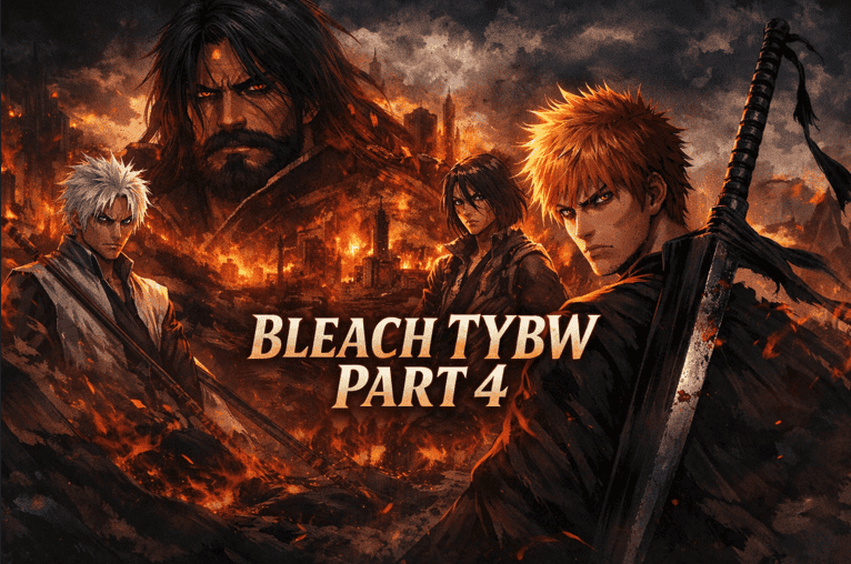 Dark fantasy anime-style banner showing a group of warriors in a burning city with intense expressions and glowing weapons, representing a final battle arc