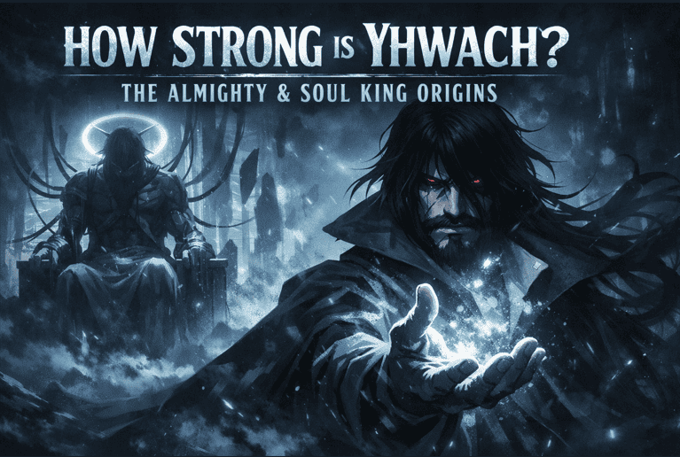 Dark fantasy anime-style illustration of a powerful black-haired villain with glowing red eyes summoning blue energy, with a shadowy god-like figure seated on a throne in the background.