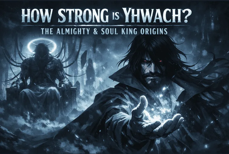Dark fantasy anime-style illustration of a powerful black-haired villain with glowing red eyes summoning blue energy, with a shadowy god-like figure seated on a throne in the background.