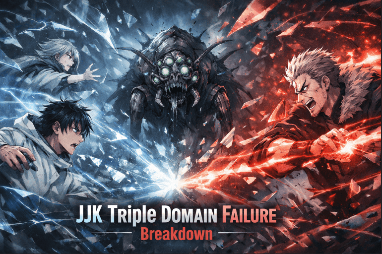 Anime-style illustration of three sorcerers unleashing clashing energy fields while a monstrous insect-like curse emerges at the center, causing the domains to collapse in a chaotic battle scene with blue and red energy shards.