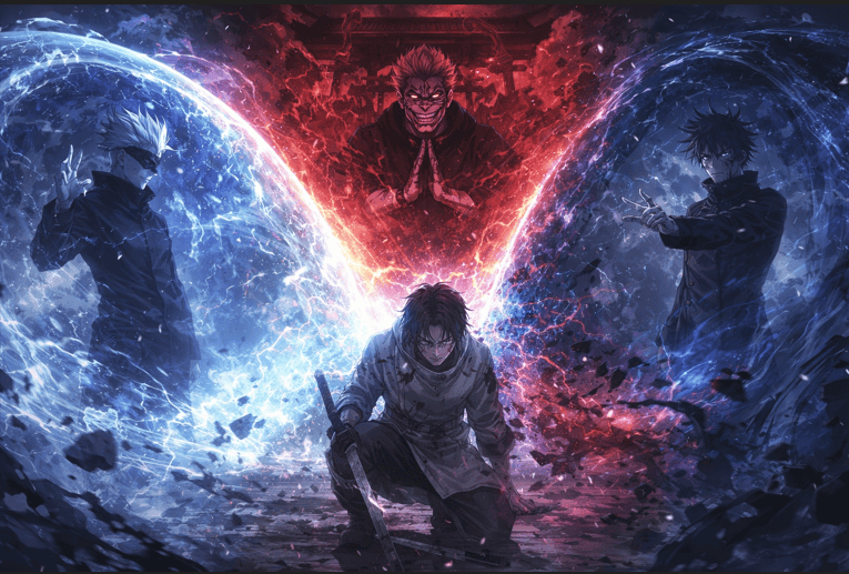 Anime-style scene of three unstable domain expansions colliding with cracked barriers, a central energy vortex, and a swordsman surrounded by chaotic blue and red cursed energy