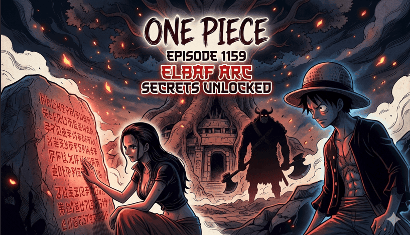 Ethereal anime-style scene of a young pirate reaching forward in a glowing pastel fantasy land with giant warriors, candles, ancient stones, and a mystical doorway under soft candlelight.