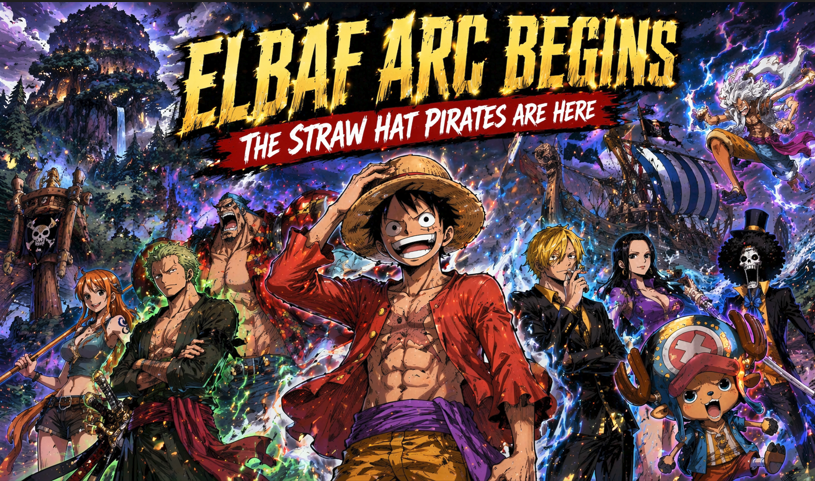 Anime-style close composition of a pirate captain leading a crew with glowing energy effects in a dramatic island setting