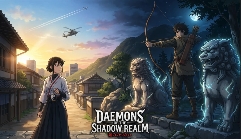 Daemons of the Shadow Realm anime scene showing a split day and night setting with a female character in a traditional village and an archer with guardian statues under moonlight