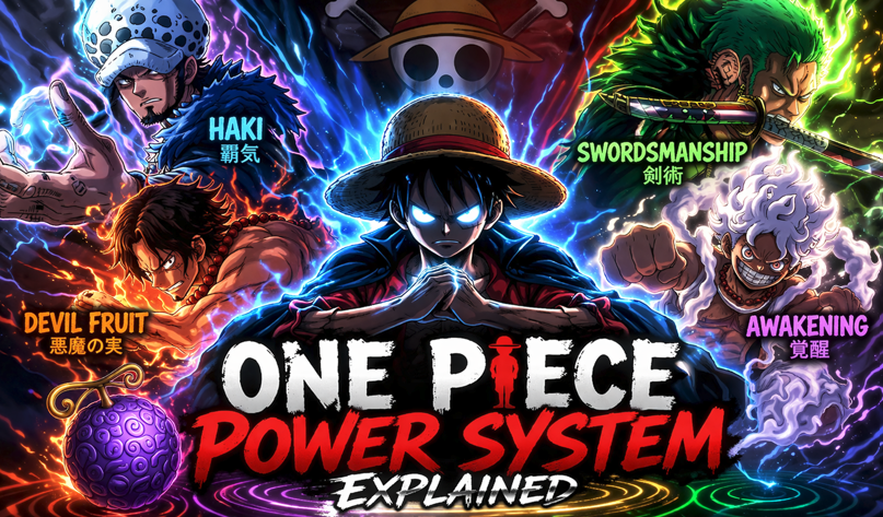 Anime-style illustration showing a glowing pirate hero surrounded by energy effects representing different power abilities like aura, transformation, and combat skills