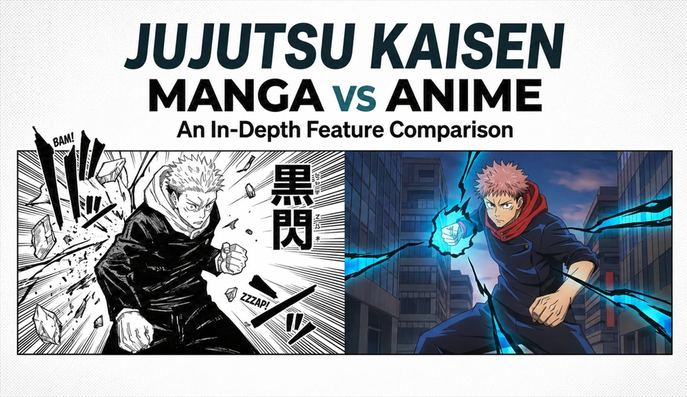 JJK Manga vs Anime comparison showing black and white manga panel and colored anime scene side by side