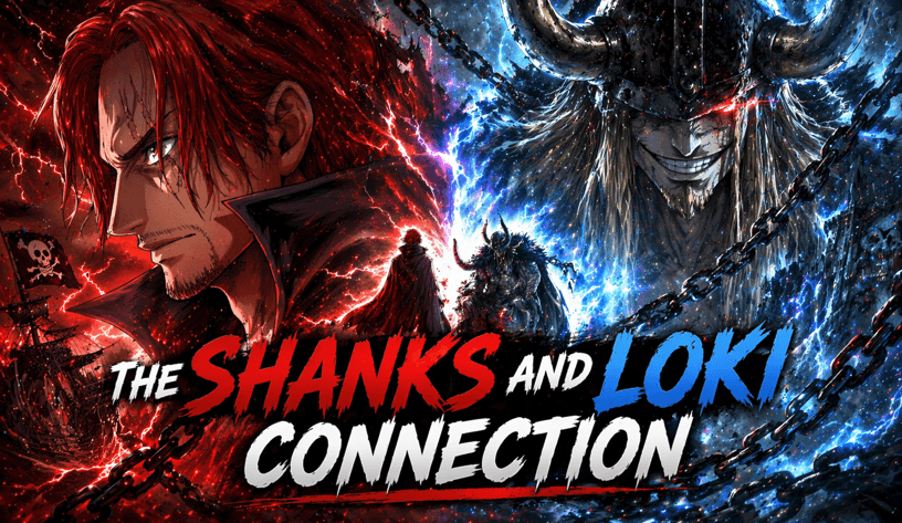 Anime-style illustration showing a red-haired pirate facing a horned warrior, surrounded by contrasting red and blue energy auras with lightning effects
