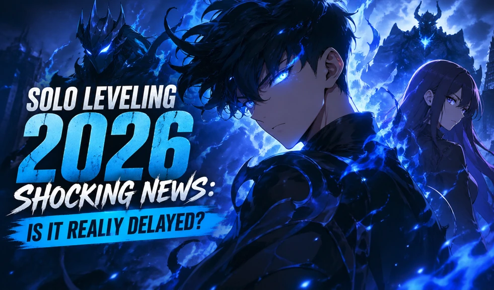 Solo Leveling inspired anime-style character with glowing blue aura and intense eyes, surrounded by shadowy figures in a dark fantasy setting