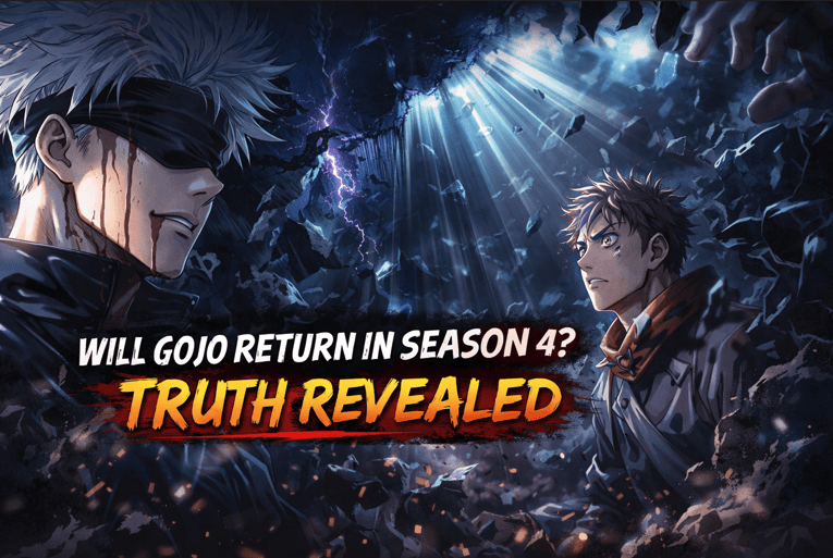 Anime-style illustration of a blindfolded sorcerer and a determined young fighter facing each other in a shattered environment with beams of light breaking through darkness