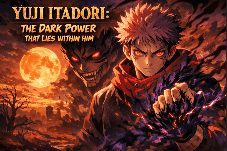 Anime-style illustration of a teenage fighter with glowing red eyes and dark energy aura under a fiery moonlit sky, with a shadowy demon figure behind him