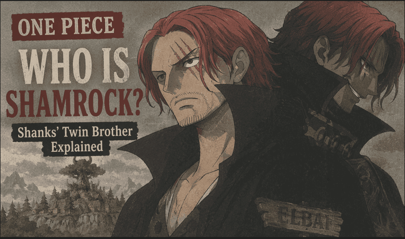 Illustration of a red-haired pirate and his dark twin in an eerie Elbaf setting, inspired by One Piece themes