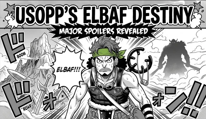 A black and white manga-style illustration titled Usopp's Elbaf Destiny, showing a determined warrior with a slingshot standing before the towering silhouettes of giants and Viking-inspired mountains.