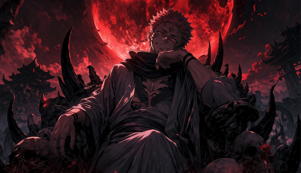 Dark anime-style illustration of a cursed king figure sitting on a throne under a red blood moon with a grim smile and ominous atmosphere