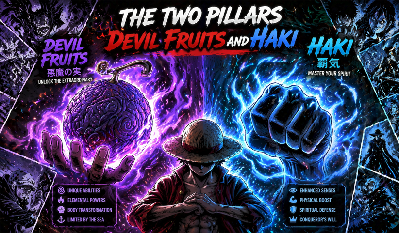 Anime-style illustration of a central pirate figure between two glowing energy forces representing supernatural abilities and spiritual power systems