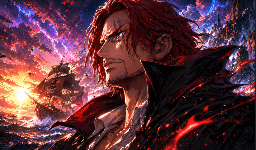 Anime-style illustration of a red-haired swordsman overlooking a stormy sea with a pirate ship, surrounded by glowing embers and vivid neon lighting