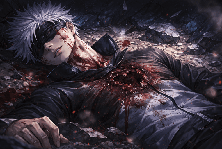 Anime-style illustration of a wounded blindfolded sorcerer lying on a rocky battlefield with dramatic lighting and a tense atmosphere