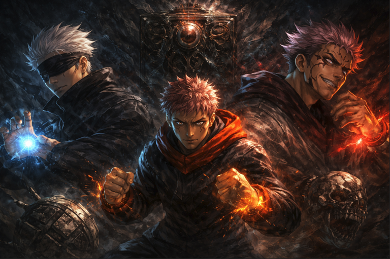 dark gritty anime-style illustration of three powerful fighters channeling energy with glowing effects and a mysterious cursed object in the background
