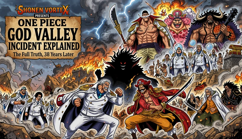 Anime-style battle scene depicting a legendary pirate and marine clash on a burning island, inspired by the God Valley Incident in One Piece