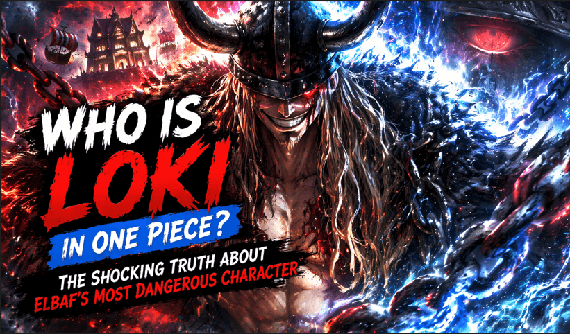 Anime-style illustration of a horned warrior with glowing red and blue energy aura, surrounded by chains and a stormy battlefield environment