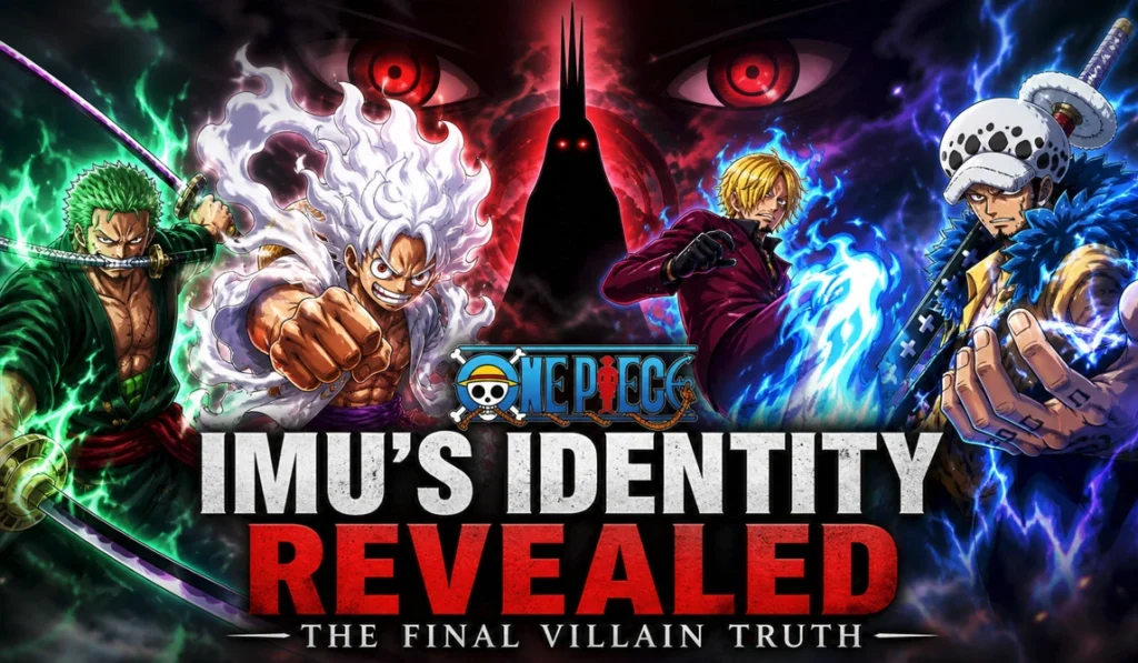 One Piece anime-style banner showing Luffy in Gear 5, Zoro, Sanji, and Law in powered-up forms facing a dark silhouette representing Imu with glowing red eyes