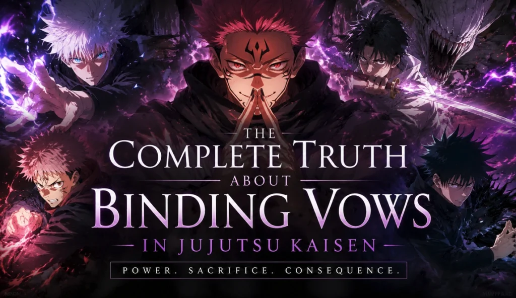 Binding Vows inspired dark anime fantasy artwork featuring powerful sorcerers surrounded by cursed energy in a cinematic purple aura battle scene