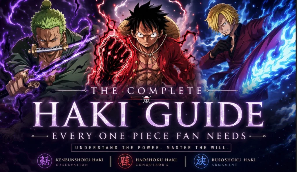 Epic Haki anime banner featuring powerful pirate warriors using Observation Haki, Armament Haki, and Conqueror’s Haki with glowing energy effects and cinematic typography.
