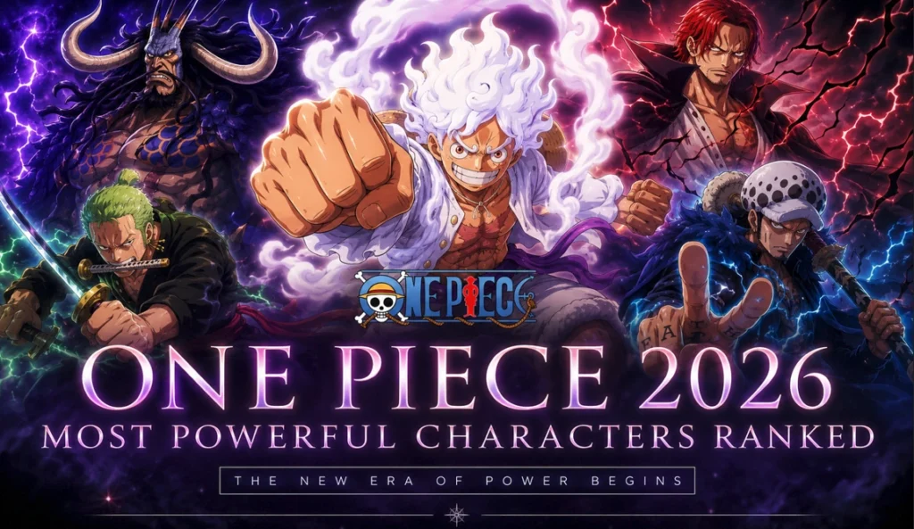 One Piece 2026 feature banner showing the strongest characters ranked in powerful awakened forms with cinematic anime effects and dramatic purple energy background.