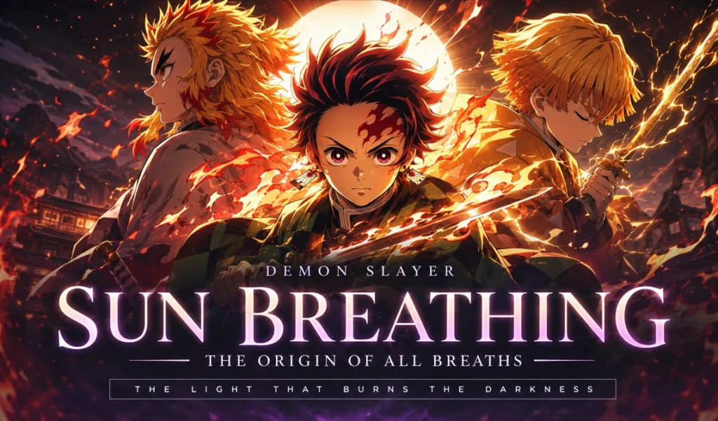 Tanjiro using Sun Breathing with blazing fire effects in a cinematic Demon Slayer anime banner alongside powerful swordsmen under a glowing moon.
