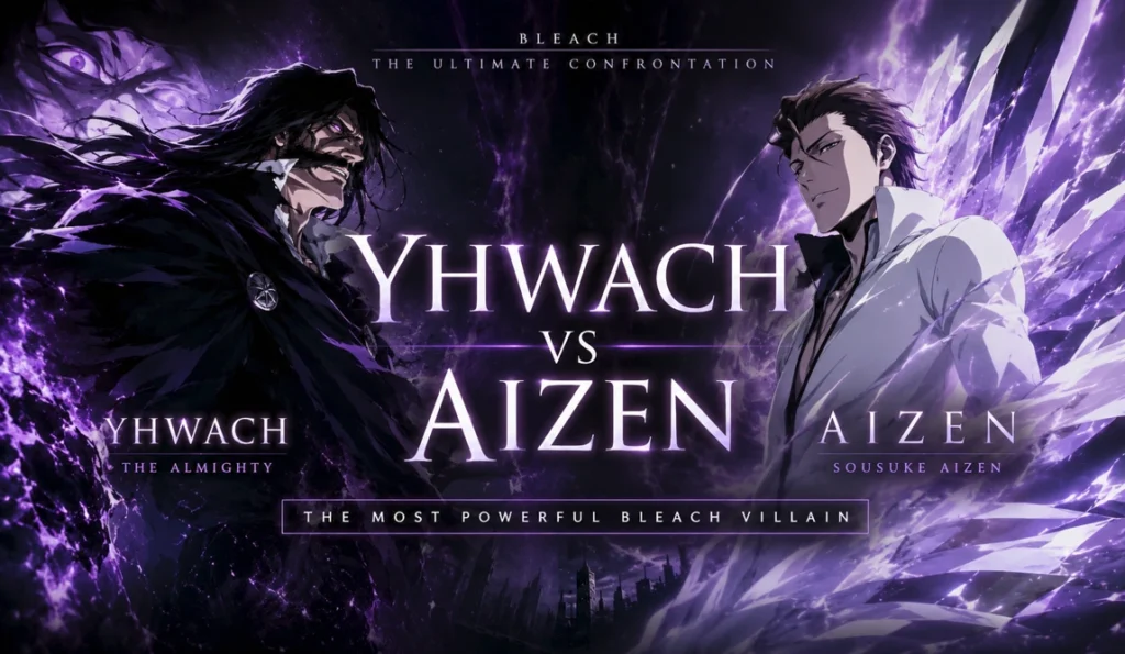 Bleach Villain Yhwach vs Aizen cinematic banner featuring both characters in powered-up forms with glowing purple spiritual energy and dramatic anime key visual styling.