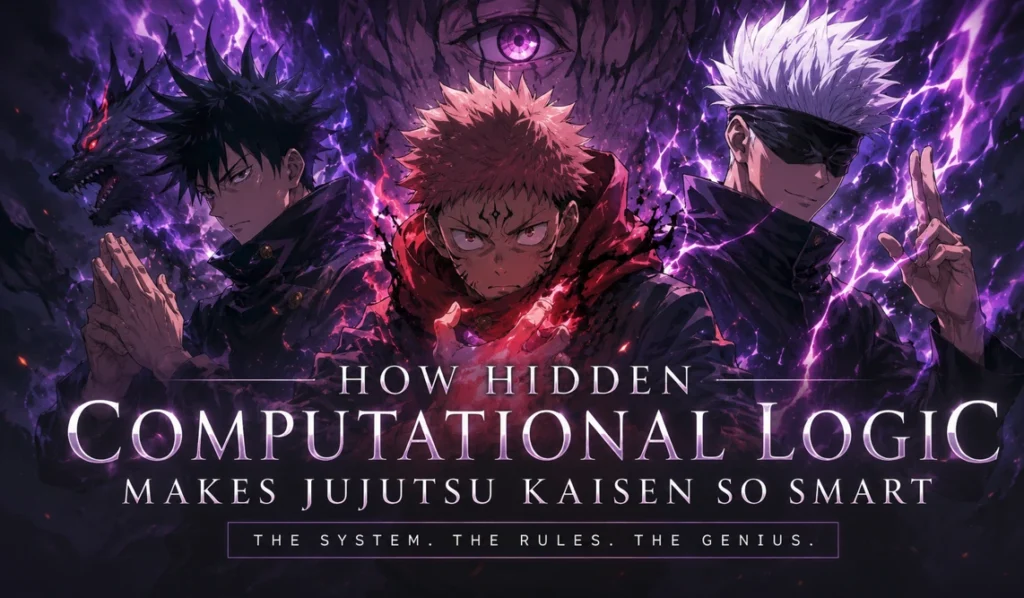 Jujutsu Kaisen inspired anime characters using advanced cursed techniques and computational battle logic in a cinematic purple energy background.