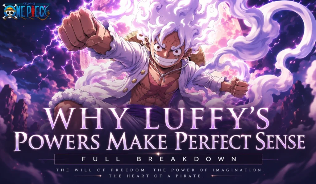 Luffy's Powers visual breakdown banner featuring Gear 5 Monkey D. Luffy surrounded by glowing clouds and purple lightning in a cinematic One Piece-inspired anime scene.