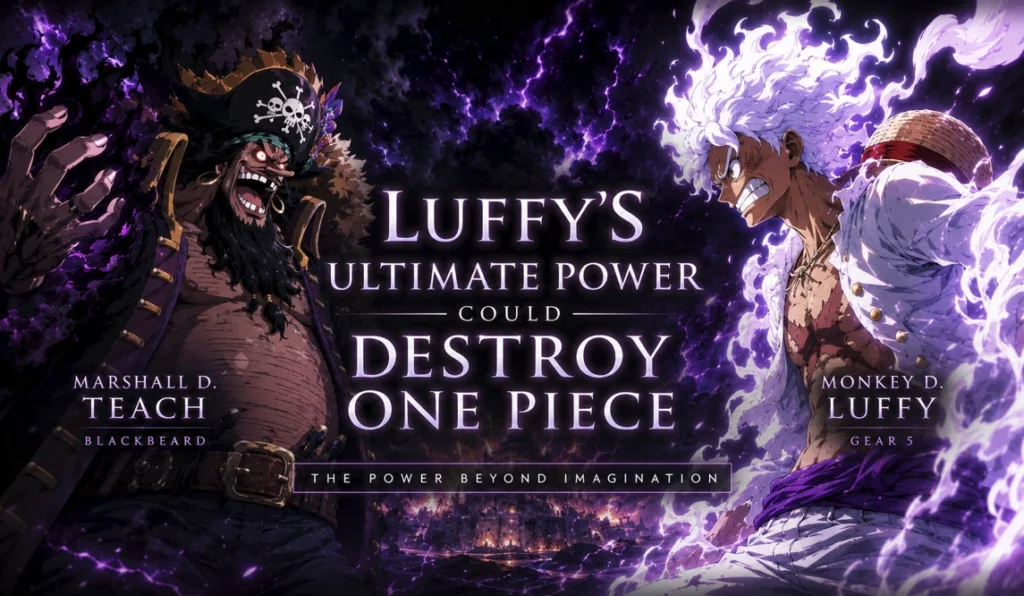 Luffy's Gear 5 form facing Blackbeard in a cinematic anime battle poster with dark purple energy and dramatic One Piece-inspired typography.