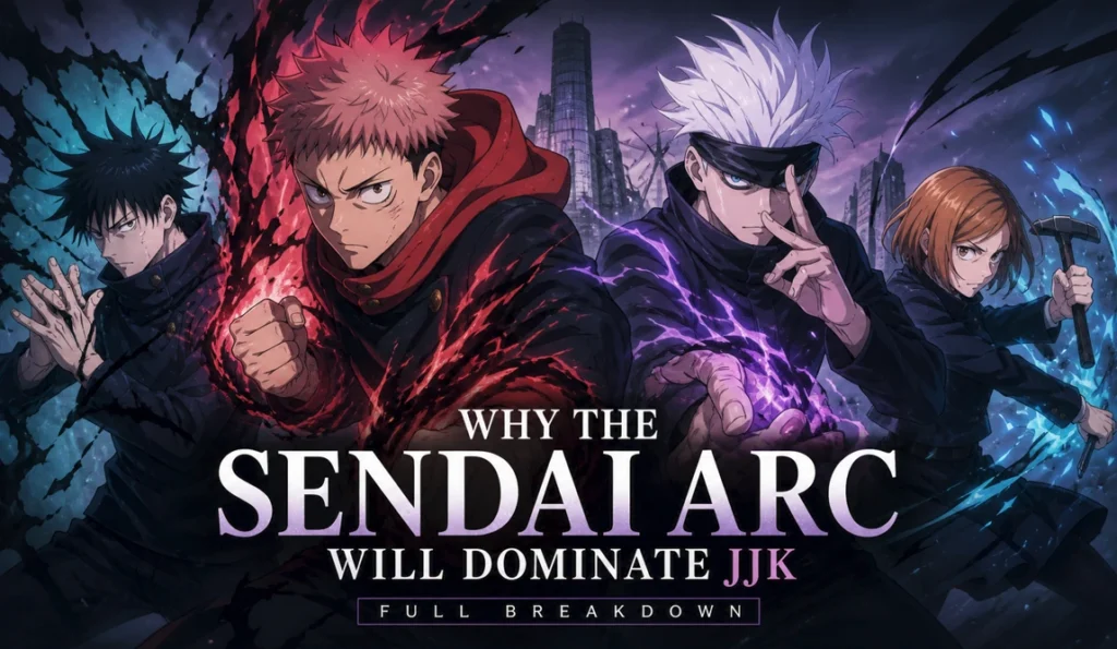 Sendai arc battle scene featuring Jujutsu Kaisen sorcerers in powered-up states, intense energy effects and dramatic lighting in anime style