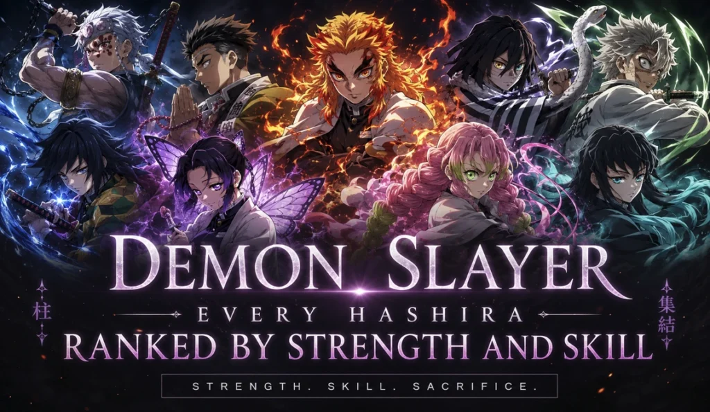 Epic Demon Slayer Hashira ranking banner featuring multiple Hashira warriors in powerful combat stances with elemental breathing effects and cinematic anime typography.
