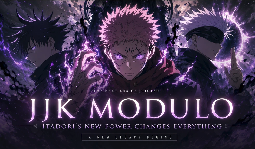 Itadori unleashing his new cursed power in a cinematic JJK Modulo anime-style feature banner with glowing purple energy and dramatic typography.