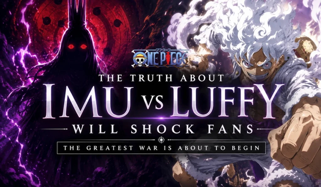 Imu vs Luffy cinematic One Piece banner featuring Gear 5 Luffy facing the shadowy Imu with glowing red eyes in a dramatic anime battle scene.