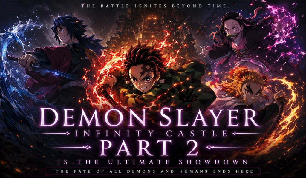 Infinity Castle Part 2 cinematic anime banner showing powerful demon slayers in battle-ready forms inside a glowing dark fortress with dramatic fire and energy effects.
