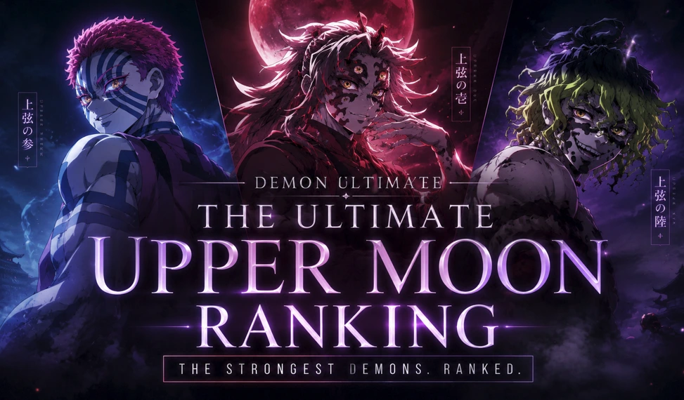 Upper Moon ranking banner featuring powerful anime demons in cinematic dark fantasy style with glowing purple effects and dramatic moonlit background.