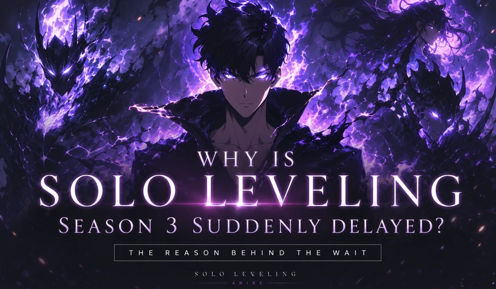 Solo Leveling Season 3 cinematic anime banner featuring a powerful shadow hunter surrounded by glowing purple energy and dark fantasy creatures in high-definition anime art style.