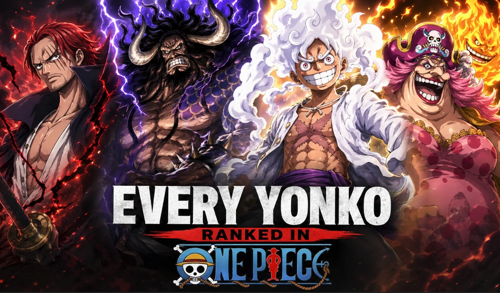 Yonko ranking anime style banner showing four powerful pirate emperors in energy aura forms with dramatic lighting