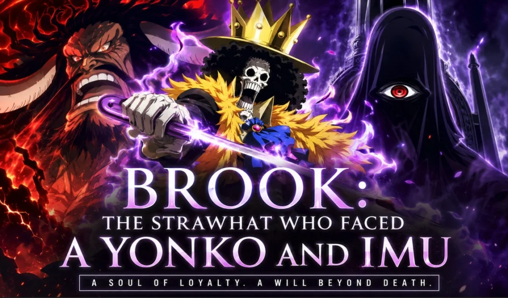 Brook unleashes his soul-powered form while standing between a terrifying Yonko and the mysterious Imu in a bright high-definition anime battle scene inspired by classic pirate fantasy visuals.