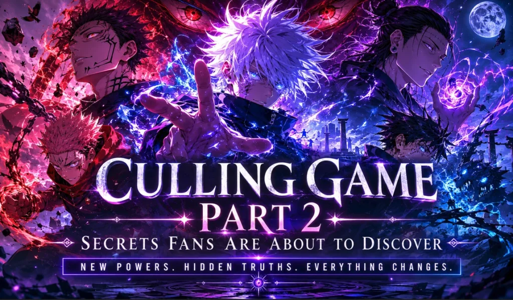 Culling Game Part 2 anime-inspired feature banner with powerful sorcerers in awakened battle forms surrounded by glowing cursed energy and surreal purple-blue effects