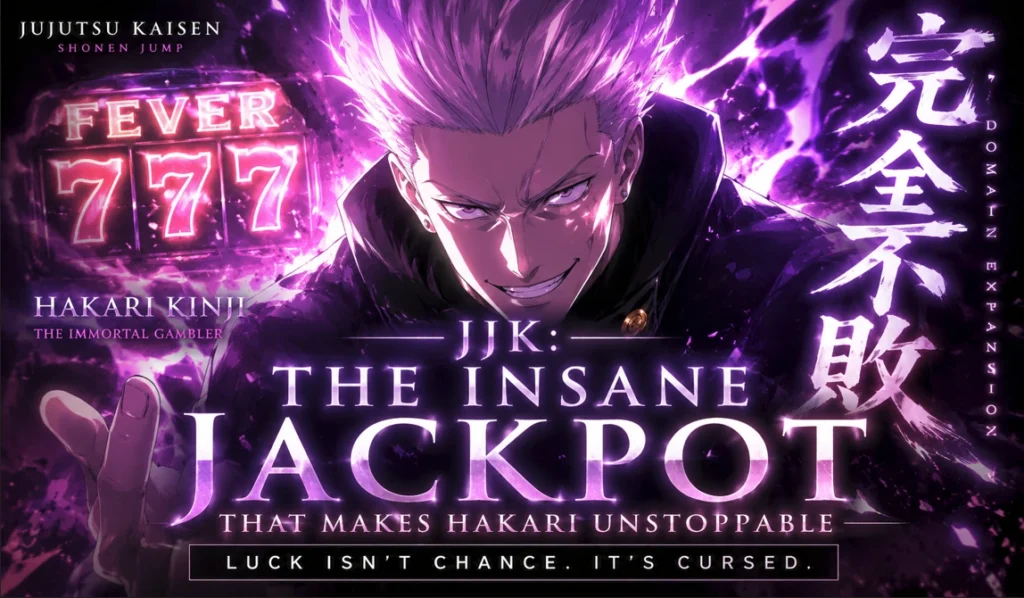 Hakari surrounded by glowing purple cursed energy and jackpot-themed effects, standing in a powerful battle-ready pose. Bright anime-style lighting, dramatic aura, and casino-inspired visuals emphasize his seemingly unstoppable regeneration ability.