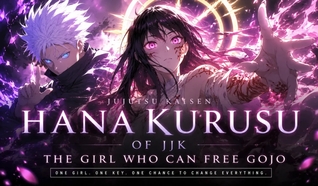 Hana Kurusu channels her Angel powers while reaching forward with radiant cursed energy, standing beside Satoru Gojo in a dramatic Jujutsu Kaisen-inspired anime banner with glowing purple and pink effects.