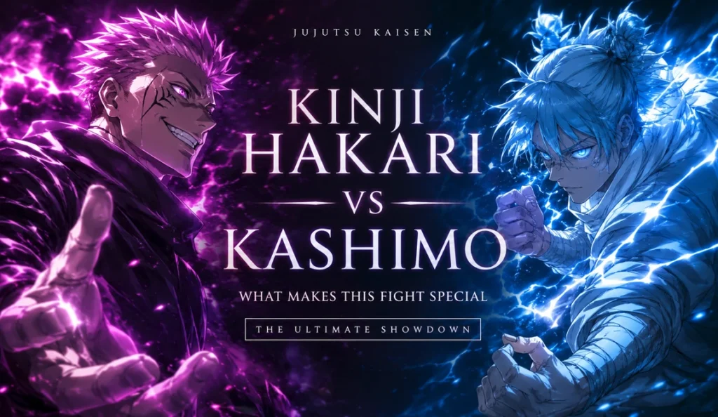 Kinji Hakari vs Kashimo anime-inspired battle artwork featuring two powerful sorcerers facing off with glowing purple and blue energy auras, dramatic lightning effects, intense expressions, and a cinematic high-definition action background.