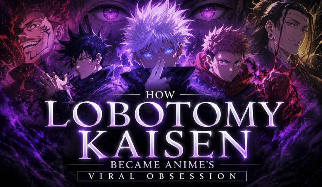 Lobotomy Kaisen inspired anime-style banner featuring powerful sorcerers surrounded by purple cursed energy and chaotic internet meme aesthetics.
