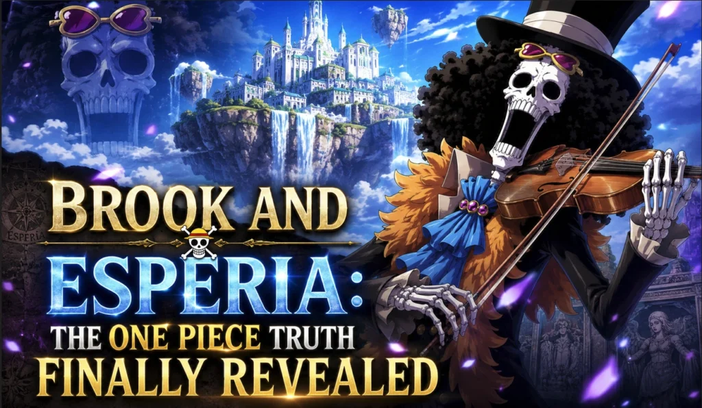 Promotional banner featuring Brook from One Piece performing with his violin against the mysterious kingdom of Esperia, exploring hidden lore and theories connected to The Next Soul King, with cinematic fantasy architecture, dramatic lighting, and premium anime-inspired artwork.